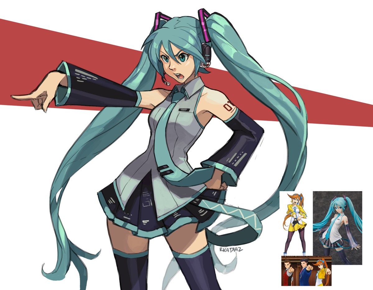 hatsune miku reference inset thighhighs twintails long hair 1girl detached sleeves necktie  illustration images