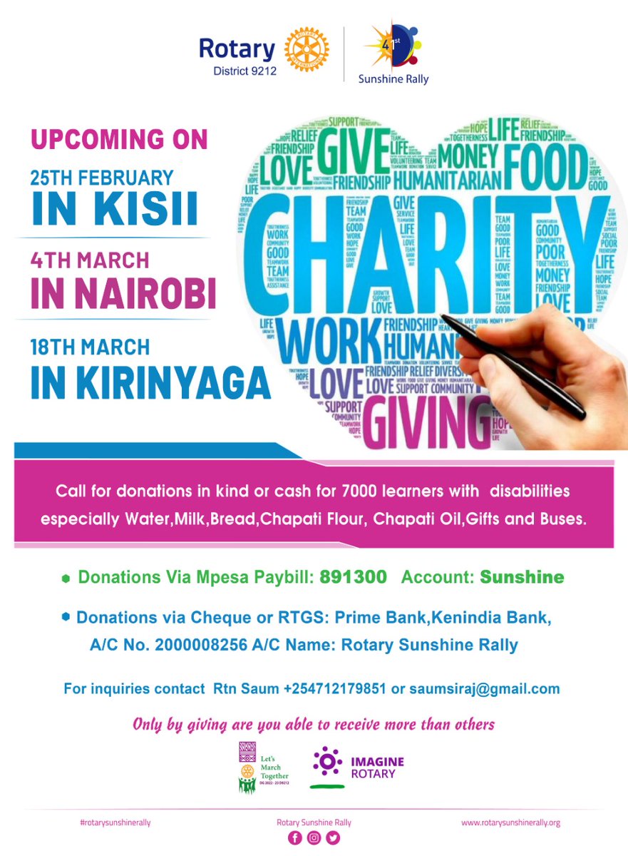RotarySunshine's tweet photo. Haba na haba hujaza kibaba and a giving hand never wants. All donations given are truly appreciated and will ensure a fun-filled day for 7000+ learners and their caregivers.
#41RotarySunshineRally
#Tech4GlobalEquity
#PWDInclusivity
#LetsMarchTogether
#ImagineRotary
(3/3) https://t.co/RCvBpJgNIp
