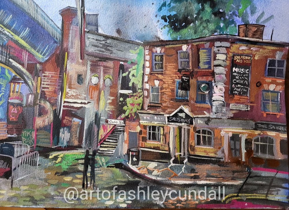ArtofAshCundall's tweet photo. An impression I completed in gouache of The Salisbury Ale House on Wakefield Street, Manchester. Amazing place! This sits on the site of Little Ireland, a slum district of Manchester during early Victorian times. #mancunian #manchester #manchesterartist #manchesterpub #manc https://t.co/fkvVhgTOgH