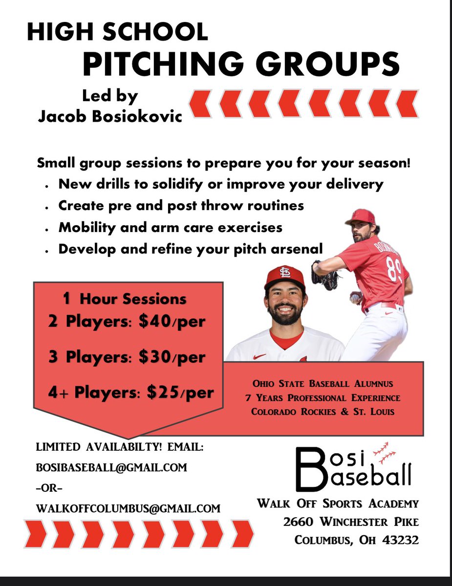 WalkOffColumbus's tweet photo. Attention High School ⚾️ Athletes, Tryouts Start in February. @BosiBaseball will be hosting 3 different trainings getting you prepared for tryouts and teaching you arm care, mechanics. He is proven to be a huge asset for all levels. Hitting and Pitching with data driven results https://t.co/rSBY4C56l8