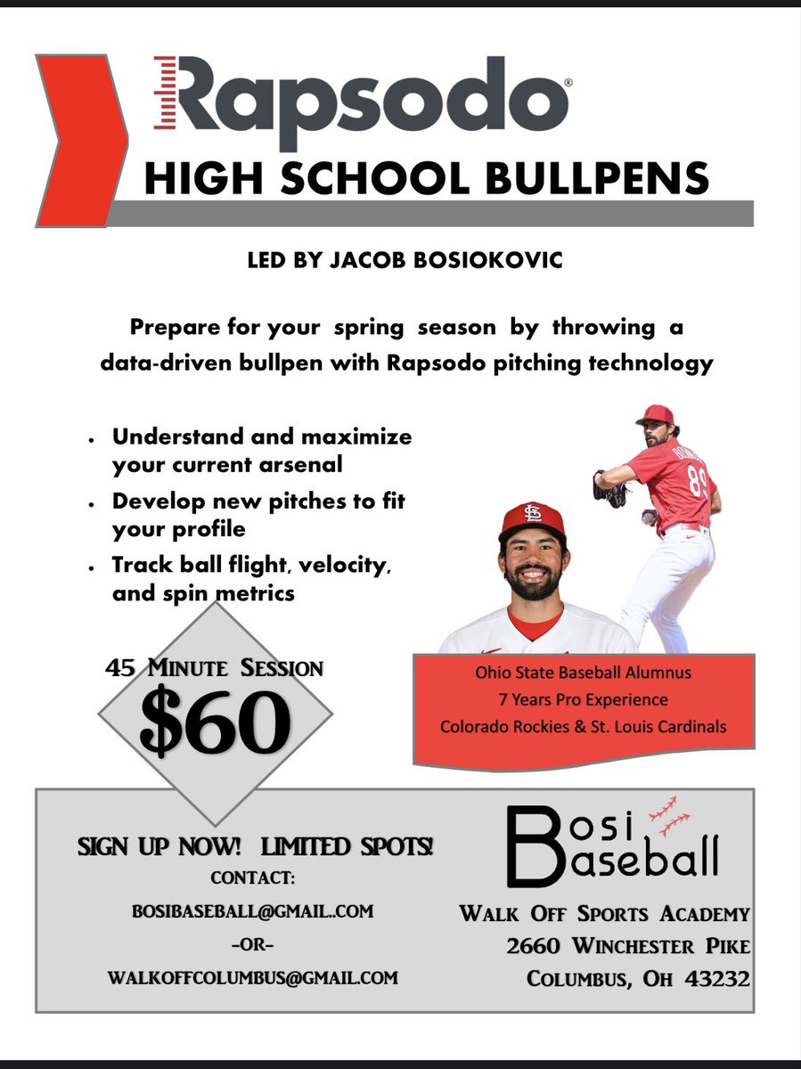 WalkOffColumbus's tweet photo. Attention High School ⚾️ Athletes, Tryouts Start in February. @BosiBaseball will be hosting 3 different trainings getting you prepared for tryouts and teaching you arm care, mechanics. He is proven to be a huge asset for all levels. Hitting and Pitching with data driven results https://t.co/rSBY4C56l8