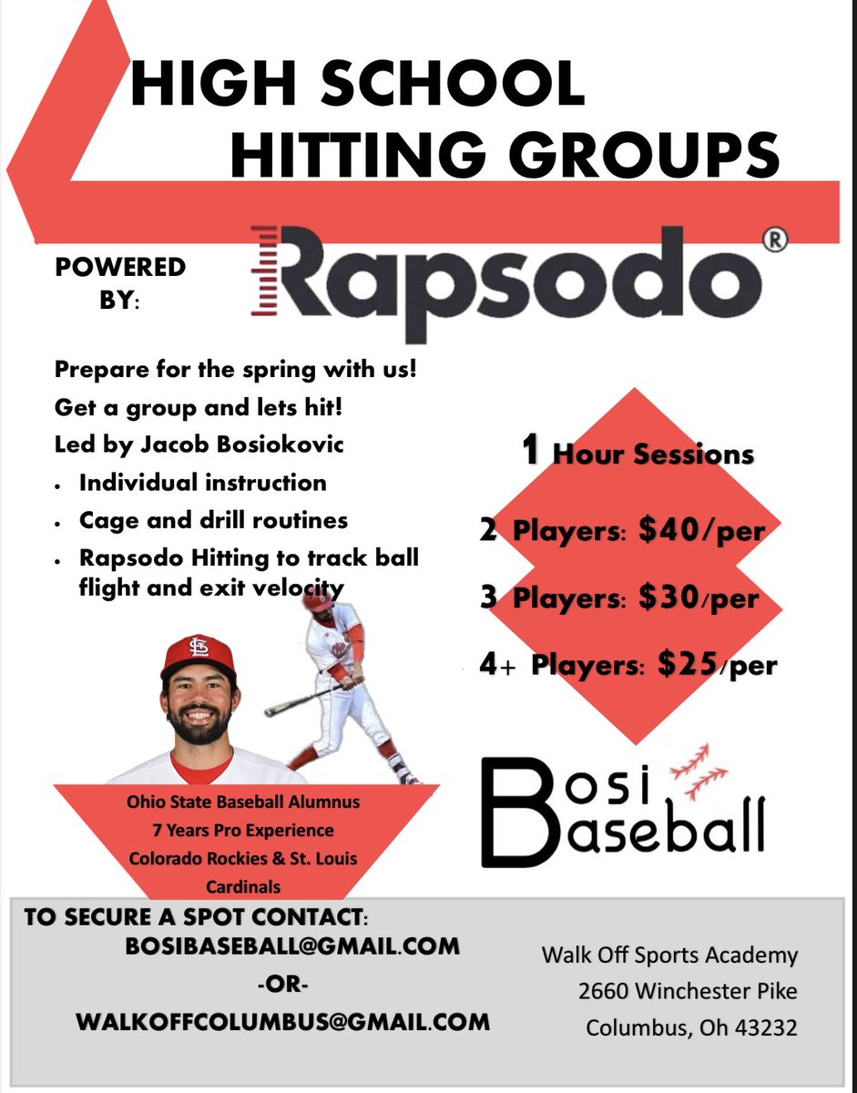 WalkOffColumbus's tweet photo. Attention High School ⚾️ Athletes, Tryouts Start in February. @BosiBaseball will be hosting 3 different trainings getting you prepared for tryouts and teaching you arm care, mechanics. He is proven to be a huge asset for all levels. Hitting and Pitching with data driven results https://t.co/rSBY4C56l8