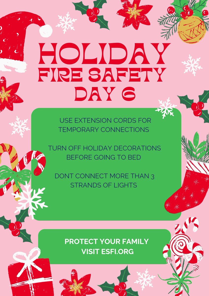 On the 6th day of Holiday Fire Safety, we urge you not to surge! Use Extension Cords Wisely! Ensure cords never go under rugs as this can cause damage to cord and cause a fire. Read manufacturer’s instructions. Plug extension cords directly into outlet.
#holidaysafety #12days