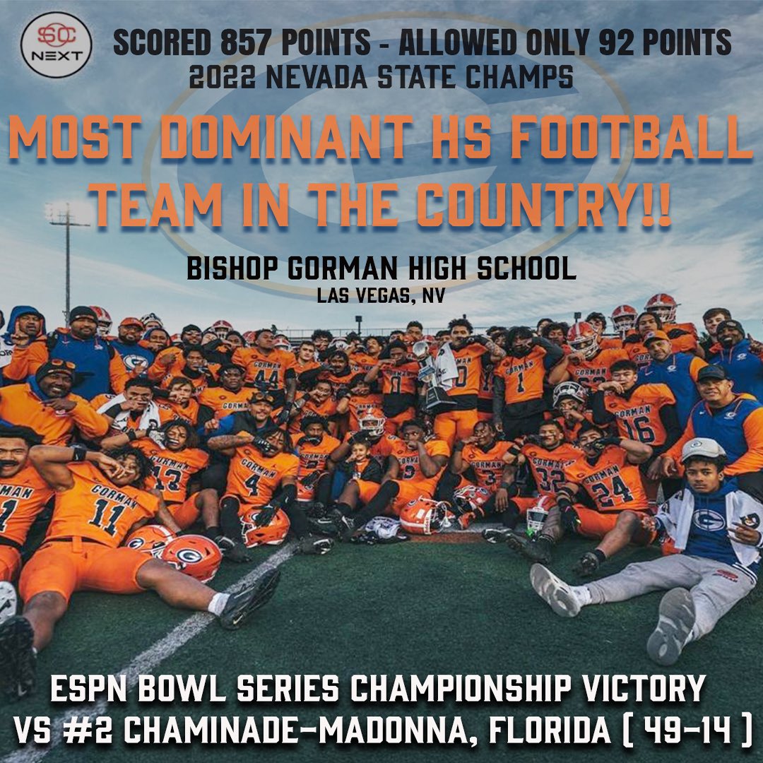 Gaels Football (@bishopgormanfb) on Twitter photo Biggest margin of victory Vs a Nationally ranked top 5 team…
They were ranked as High as #2
Beat 4 teams that were in top 50 at time of game!
Beat 5 out of state opponents! <a href="/usatodayhss/">USA TODAY HSS</a> <a href="/SportsCenter/">SportsCenter</a>
<a href="/Zack_Poff_MP/">Zack Poff</a> <a href="/SBLiveSports/">High School on SI</a> <a href="/MaxPreps/">MaxPreps</a> Biggest margin of victory Vs a Nationally ranked top 5 team…
They were ranked as High as #2
Beat 4 teams that were in top 50 at time of game!
Beat 5 out of state opponents! <a href="/usatodayhss/">USA TODAY HSS</a> <a href="/SportsCenter/">SportsCenter</a>
<a href="/Zack_Poff_MP/">Zack Poff</a> <a href="/SBLiveSports/">High School on SI</a> <a href="/MaxPreps/">MaxPreps</a>