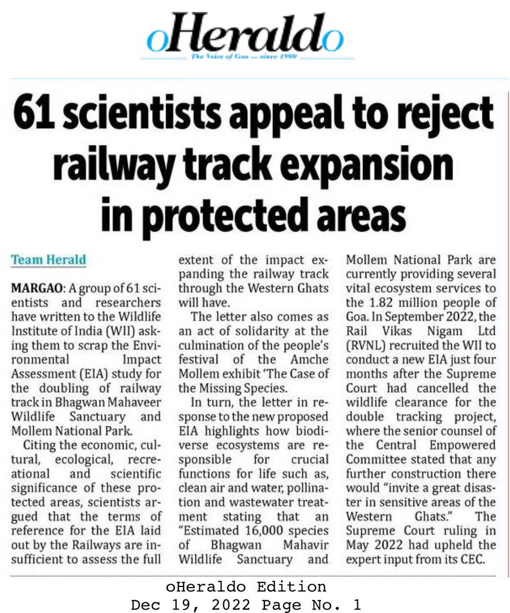 savemollemgoa's tweet photo. 🚨 BREAKING🚨

61 scientists in solidarity with Goa's citizens appeal to @wii_india to reject railway track expansion in Protected Areas

@moefcc @byadavbjp

Read more 🧵 https://t.co/p2xCvfNXCY