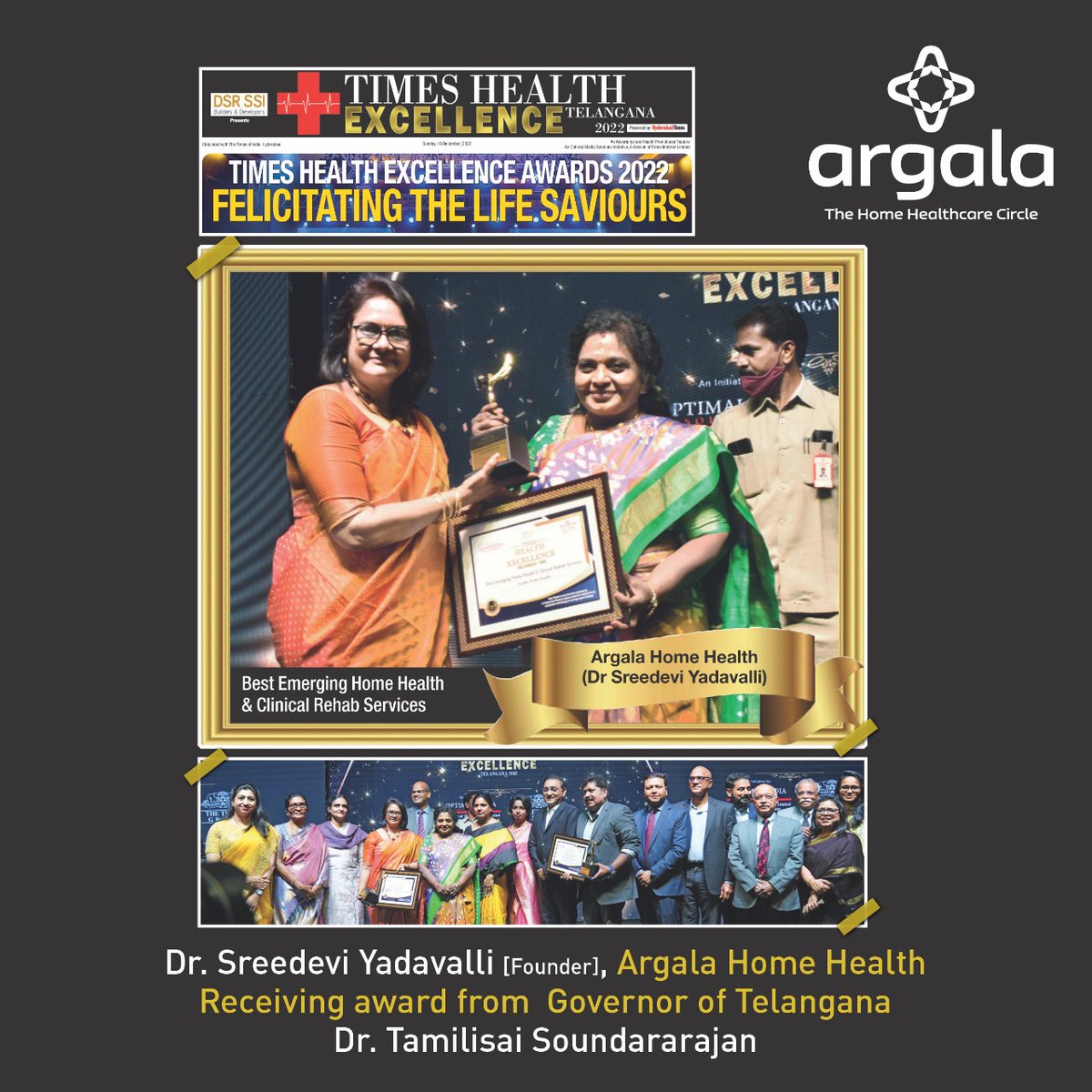 ArgalaHomeCare's tweet photo. #proudmoment🏆
🙌 Argala Home Health is honored for the recognition as Best Emerging Home Healthcare &amp; Clinical Rehab, Times Health Excellence Telangana 2022.
#Governor #GovernorOfTelangana #timesofindia2022 #timeshealthexcellenceaward #timesofindiaaward #timesofindiahyderabad https://t.co/O70jeCmh47