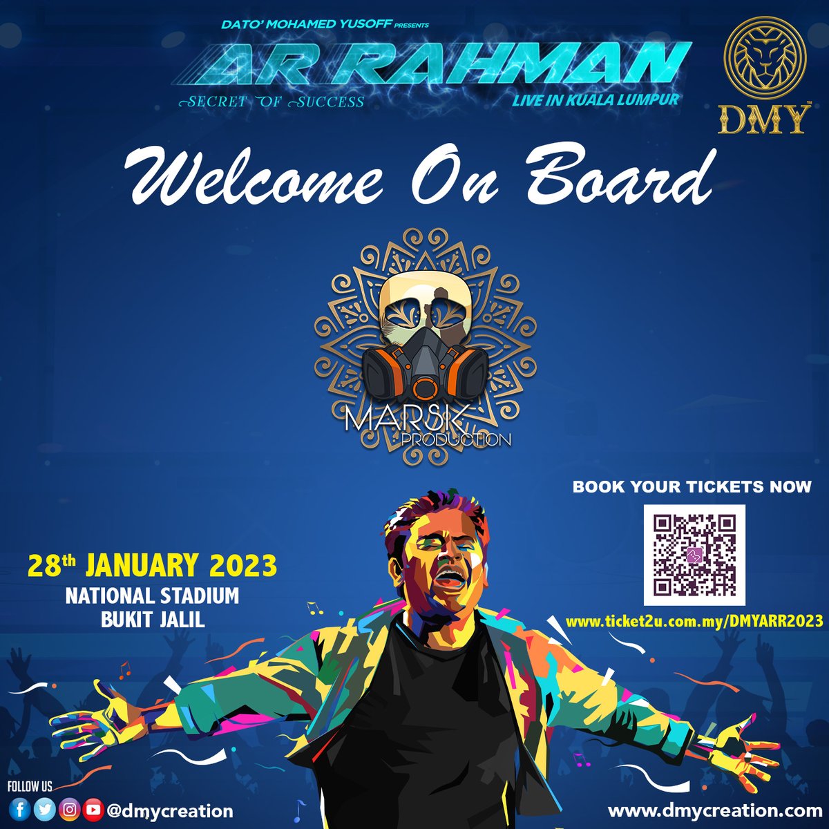 dmycreationoffl's tweet photo. WELCOME ON BOARD @Marskproduction🎥

Come and experience the beauty of the melodious A.R. Rahman on January 28th at National Stadium Bukit Jalil 🔥🎉

#ARRforDMY #ARRLiveInMalaysia #DMY #DMYConcert https://t.co/c1MiQaYDrC
