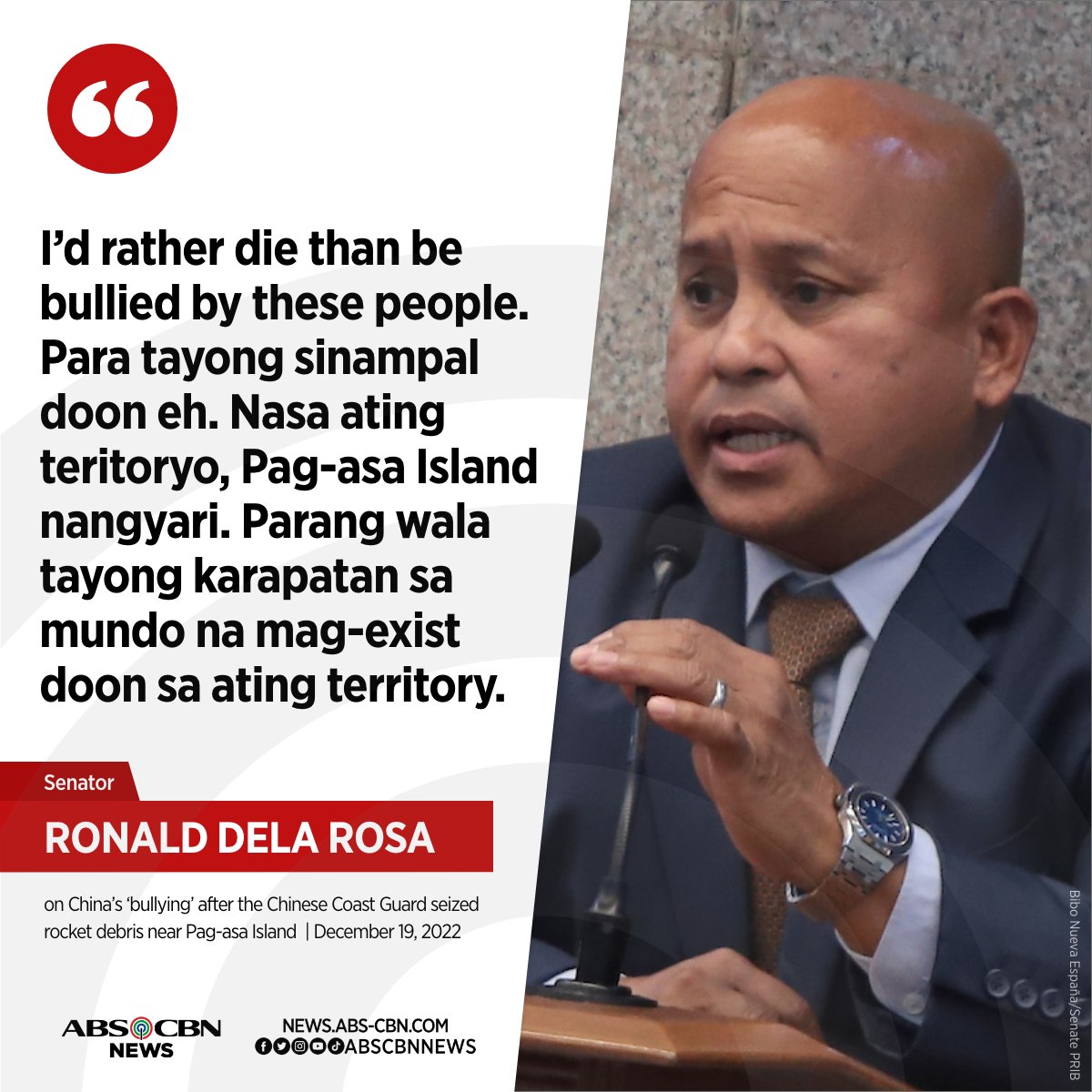 ABSCBNNews's tweet photo. Senator Bato dela Rosa says he would rather "die than be bullied" by China amid the discovery of rocket debris near Pag-asa Island.

Related story: https://t.co/KaSSqbbSDi https://t.co/bnP2BnVxEx