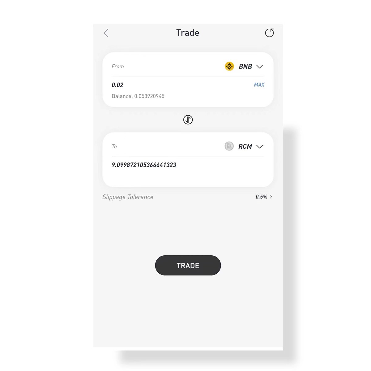 TaleX_chain's tweet photo. In addition to trading $RCM on #PancakeSwap, you can also swap RCM directly within the Read2N application.🙃

1⃣Import or create a wallet, deposit $BNB or $BUSD to this address.
2⃣Click "Trade" to enter the swap page. Note that you need to have a certain amount of BNB as gas. https://t.co/dx4juYmCob