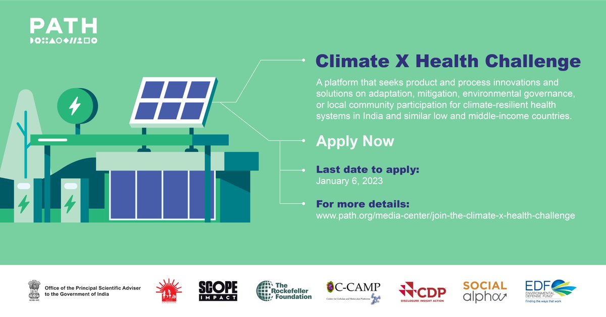 Disclosure_IND's tweet photo. CLIMATE X HEALTH is seeking innovation in adaptation, mitigation, environmental governance, or local community participation for climate-resilient health systems.
#ClimateXHealth
Apply here: https://t.co/IIe4STZTux
@PATHtweets @PrinSciAdvGoI @SELCOFoundation @scopeforimpact
@CDP https://t.co/90PTTINlhT