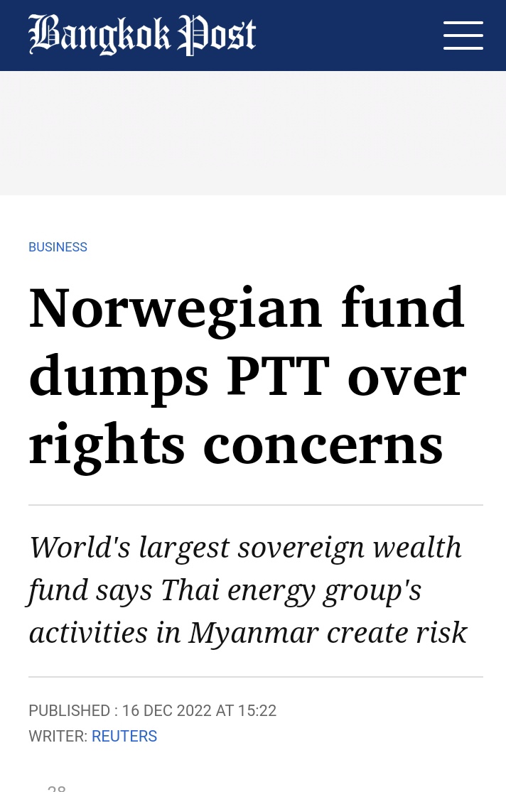 MannShein1's tweet photo. Norwegian Fund has dumped PTT(Thai Petroleum Company), because PTT supporting #FascistJunta who breaking human rights in Myanmar, it's unacceptable act &PTT must be responsible it.
#2022Dec19Coup
#LegalizationOfNUG
#WhatsHappeningInMyanmar https://t.co/V7cmzSMJP5