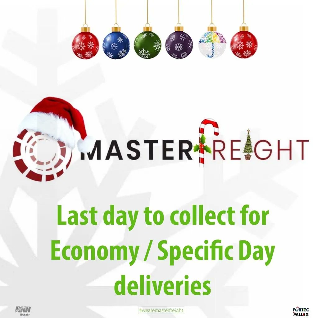 MasterfreightUK's tweet photo. 'Twas the week before Christmas...
And the last day to collect your Economy or Specific Day pallets for delivery this year with the @Fortec_UK and @PallExUK is Tuesday, 20 December, 2022.
#wearemasterfreight #MFU #teamfortec #teamplx #MakingBritainGreat #RHA #RHAmembers https://t.co/BGBFXDVUMB