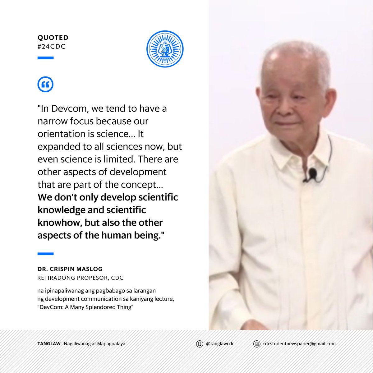 tanglawdevcom's tweet photo. DEVCOM: Inugat ni Dr. Crispin Maslog, tanyag na dalubhasa sa komunikasyon, ang pinagmulan ng nasabing larangan sa kaniyang lecture na “Devcom: A Many Splendored Thing”.

#TanglawCDC
#24CDC https://t.co/LZrnmgg4Hs