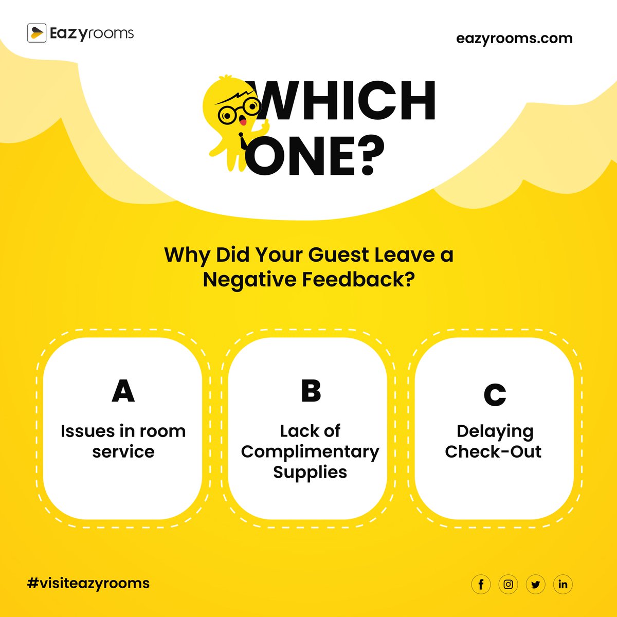There are a few potential reasons why your guest may have left negative feedback.
A, B, or C. Share Your Thoughts Below 📝📝
.
.
.
.
#EazyRooms #Hotelmanagementsoftware #SmartRoomApp #RoomService #HotelTech #TravelTech #HotelService #HotelApplication #Hotelproblems #Hotelissues
