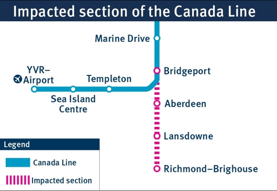 TransLink's tweet image. #SkyTrain If you plan on traveling week using the #CanadaLine in Richmond, ensure you give yourself extra time. The Richmond-Brighouse branch of the Canada Line will be closed from 9:30pm-end of service each night until December 22. All the details: translink.ca/capstan ^DA