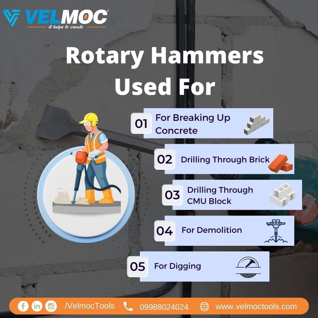 Rotary Hammers Used For

1. For Breaking Up Concrete
2. Drilling Through Brick
3. Drilling Through CMU Block
4. For Demolition
5. For Digging

#Velmoc #VelmocTools  #PowerTools #Tools #HandTools #machinery #toolsofthetrade #QualityTools #ConcreteVibrator #RotaryHammers