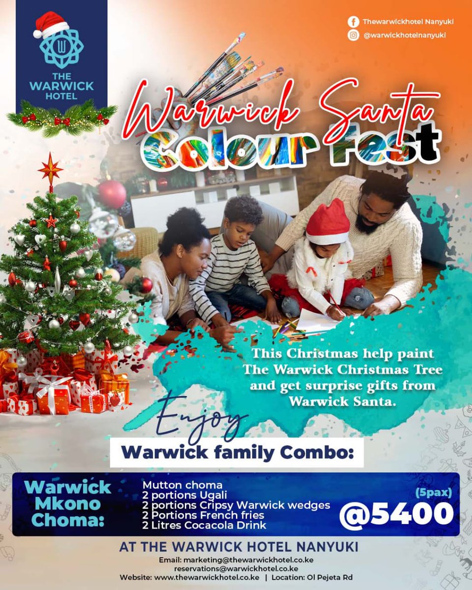 ToniNgwiri's tweet photo. The best place to be this Christmas for you and your family :-) Meet Santa Clause - Paint our Christmas Tree - Suprise Gifts

#TheWarwickHotel #Nanyuki #Equator #MtKenya https://t.co/WU65HGtsXA