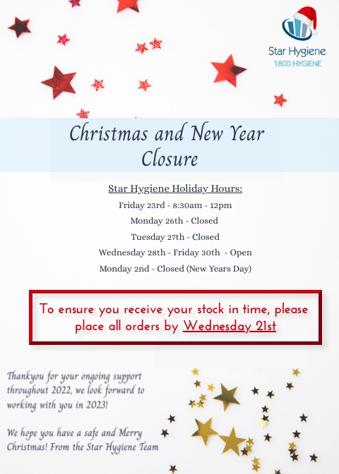 HygieneStar's tweet photo. 🎄CHRISTMAS CLOSURES - PLACE YOUR ORDER IN TIME BEFORE THE  BREAK! - https://t.co/U3hsHHLZep https://t.co/JhhxsoH3nM
