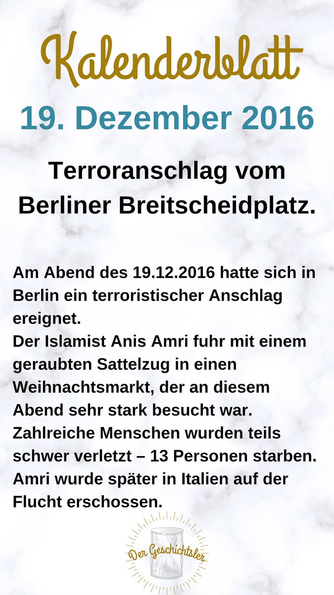 Vor sechs Jahren ereignete siche zur #Weihnachtszeit ein islamistischer #Anschlag in #Berlin.
#heutevor #onthisday
#spaßmitgeschichte