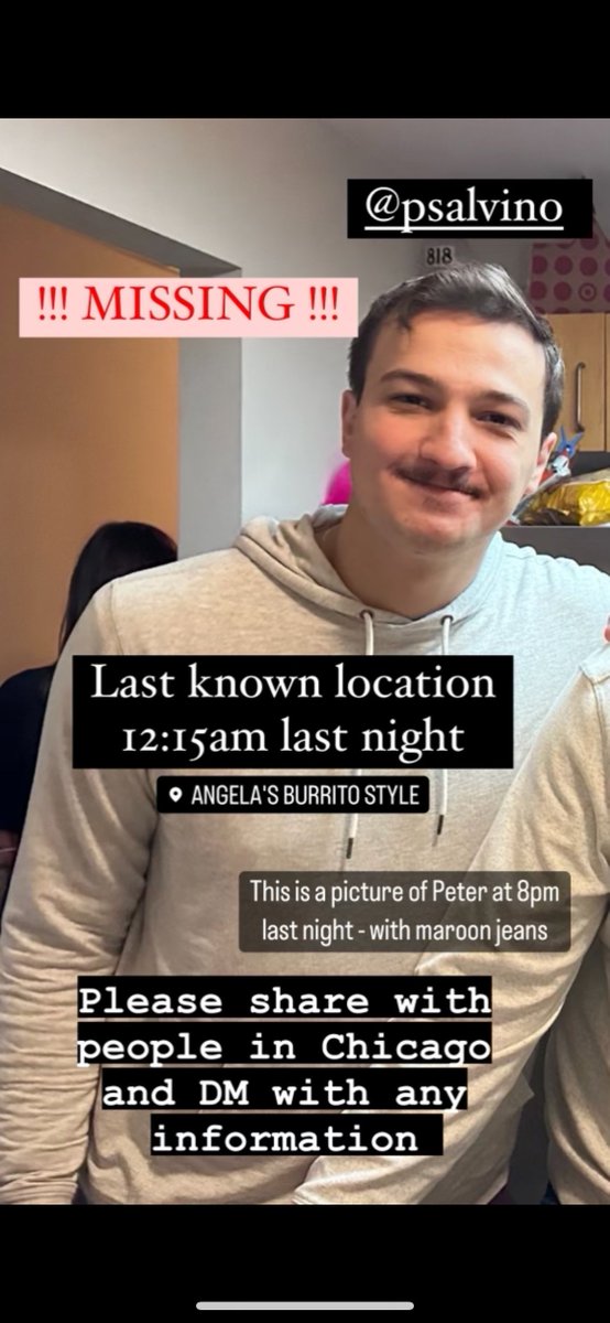 NorthwesternGW's tweet photo. Urgent! Please keep an eye out for this Northwestern doctoral student, Peter Salvino, missing since Saturday night in the Chicago area. Spread the word. https://t.co/nqpAO7djz9