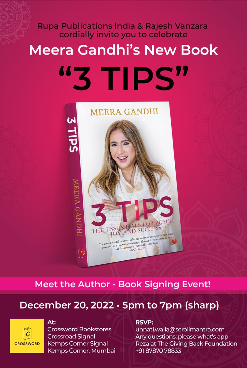 Rupa_Books's tweet photo. Don't miss out on the chance to meet @MeeraGandhiGBF  and get your books signed! Tomorrow at @crossword_book , 5 PM\
#3Tips https://t.co/RwbzdNszfV