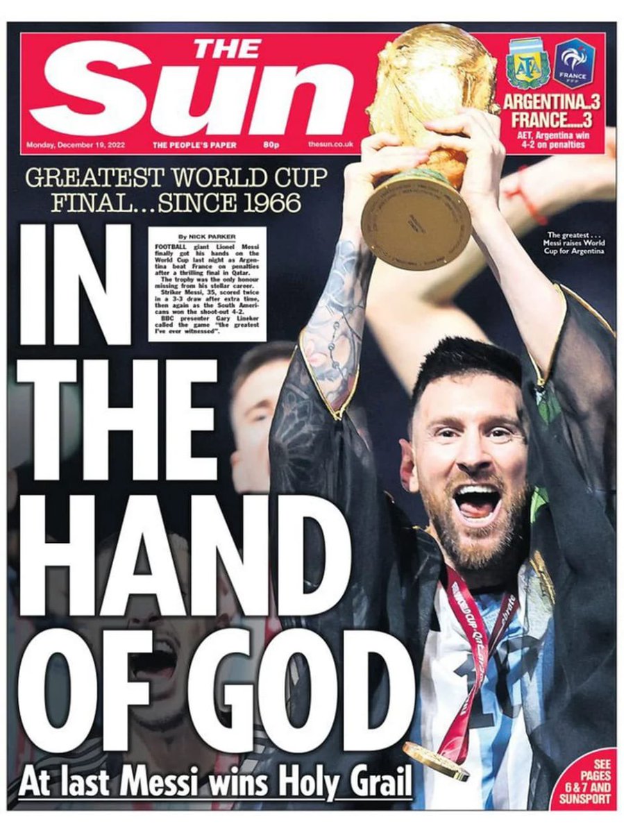 “En la mano de Dios”, tremenda tapa de diario del diario inglés. 

Abro hilo de las tapas de los demás diarios del mundo. ⬇️