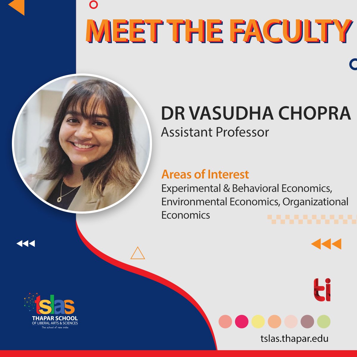 ThaparSLAS's tweet photo. Dr Vasudha has a PhD in Economics from the University of Tennessee, Knoxville. Her research integrates applied microeconomic theory and experimental methods to environmental and organizational economics topics.

#TSLAS #ThaparUniversity https://t.co/jeDoGJVKTy