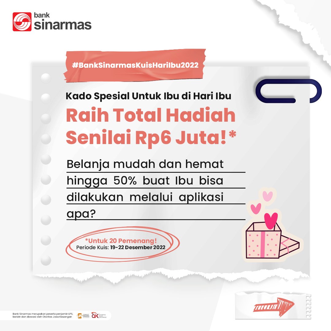 Ada #Hadiah istimewa untuk Ibu di #HariIbu!
Raih total hadiah senilai Rp 6 juta berupa saldo OVO untuk 20 orang yang beruntung dengan ikutan #BankSinarmasKuisHariIbu2022