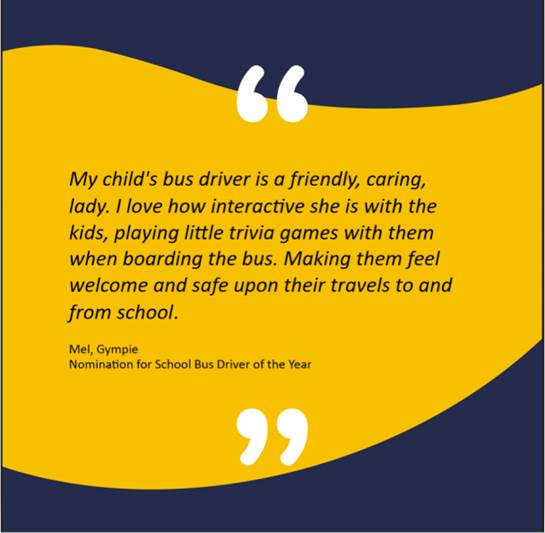 QldGov's tweet photo. Has a bus driver gone the extra mile, or made a difference to your day? Say thanks by entering them in the 2022 #QLDBusDriveroftheYear Awards!

Nominate them before 6 January 2023 in one of our 3 award categories - Southeast QLD, Regional QLD or School - https://t.co/gaDvY3G2Dc https://t.co/btQABHTt8k