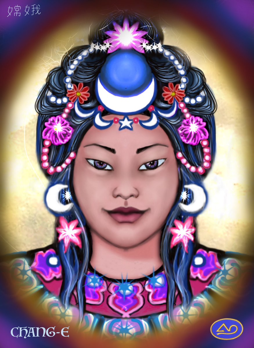 Elia42KA's tweet image. MITOLOGÍAS DEL MUNDO: #DiosesChinos 
CHANG’E( la Luna “Literalmente”) es una Diosa querida y venerada en China. Se leyenda la sitúa en un origen y condición humanos, pero anhelante de conseguir la divinidad, así que cuando vio el elixir inmortal lo bebió