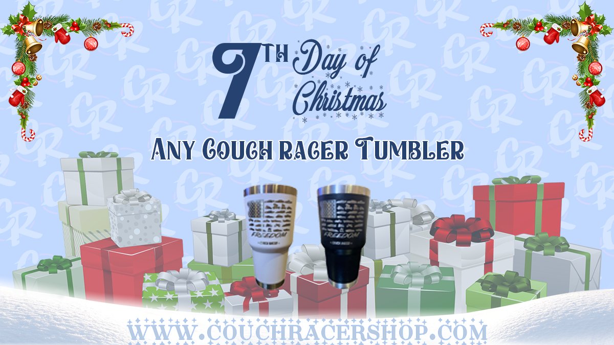 Day 7. We'll pick one random winner who likes and retweets this post. Winner can pick any Tumbler in stock at CouchRacerShop.com. Pictured below is our Racing Freedom Tumbler. Good luck all!

PS, I'm not sure how that's a 7 in the graphic either. Wanted to get ahead of that.