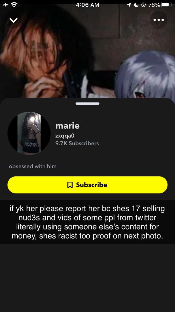 cxmswallower's tweet photo. hello everyone im posting for everyone’s awareness. this person (photo below) is underage (17) selling contents on snap, she’s selling other twitter content creator’s pics&amp;vids to scam people for money. she’s white and a racist too. so if yall see her somewhere just report her ty https://t.co/bPZkWpr3W1