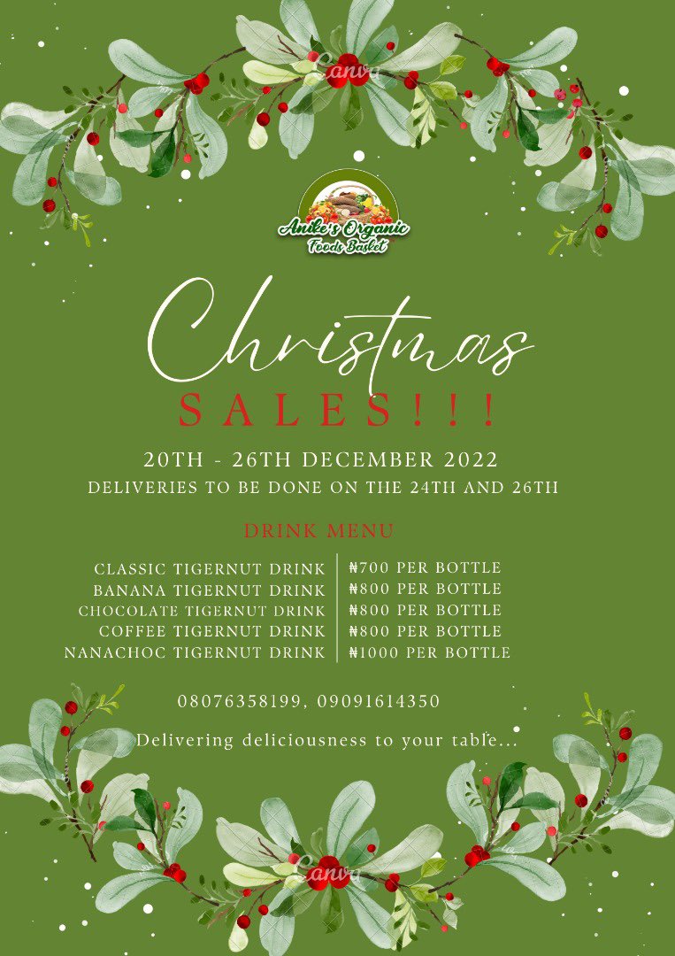 theoloriherself's tweet photo. Anike’s Organic Foods brings you an amazing offer this Christmas!!! 🥰🥰💃🏽
All variants of our amazingly delicious Tigernut Drink are available at 30% off. Offer valid while stock lasts.

Please remember that minimum order requirement is 5 bottles.
Delivery- Lagos. https://t.co/vsmQJN7Kcm