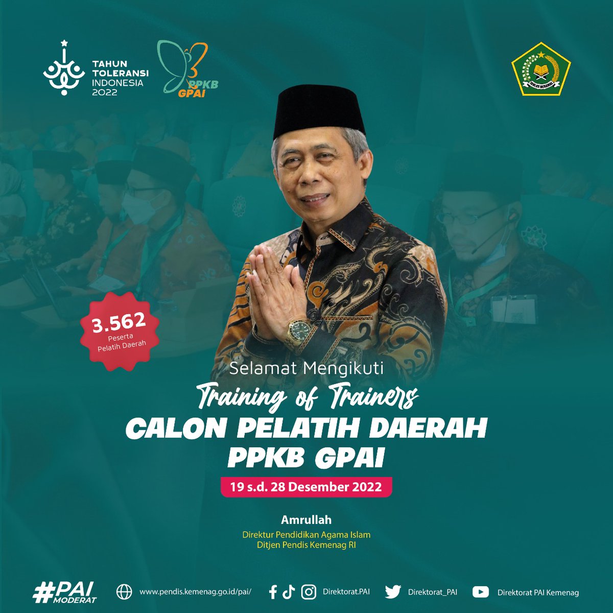 direktorat_pai's tweet photo. Selamat Mengikuti Training of Trainers Calon Pelatih Daerah PPKB GPAI
19 s.d. 28 Desember 2022
#transformasilayananumat #paimoderat #moderasiberagama https://t.co/vwU2mrLM4C