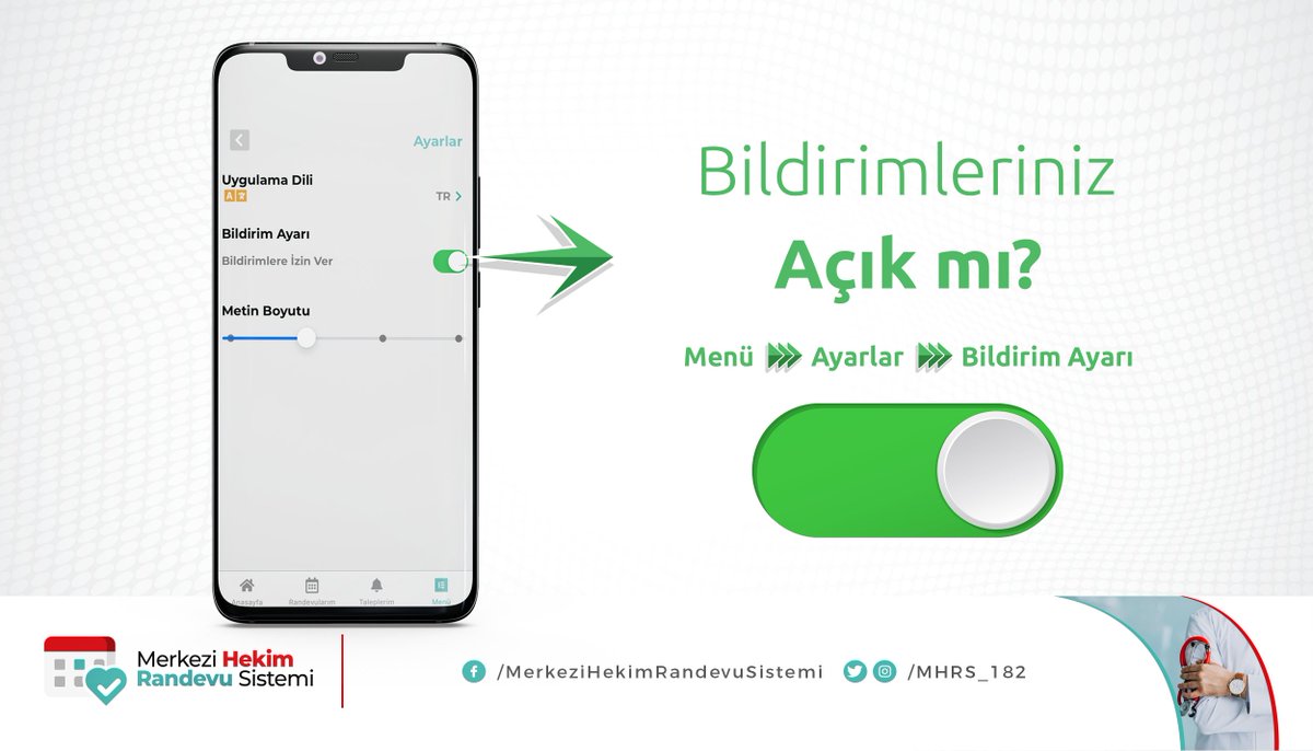 MHRS Mobil, oluşturduğunuz randevu talebinize uygun randevu açılması durumunda bildirim göndermektedir. Bu bildirimlerin tarafınıza ulaşabilmesi için MHRS Mobil ayarlar bölümünde bulunan "bildirimlere izin ver" butonunun aktif olması gerekmektedir.