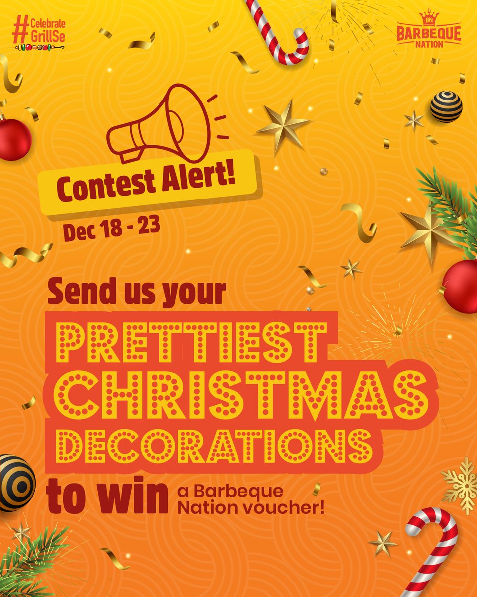 Ho ho ho, We have a fun Christmas contest for you! 😃
Just take a photo of your best Christmas decor, send it to us, and stand a chance to win a Barbeque Nation voucher!
Get clicking before Christmas!
*T&amp;C apply

#CelebrateGrillSe #barbequenation #grillandchillbash  #contestalert