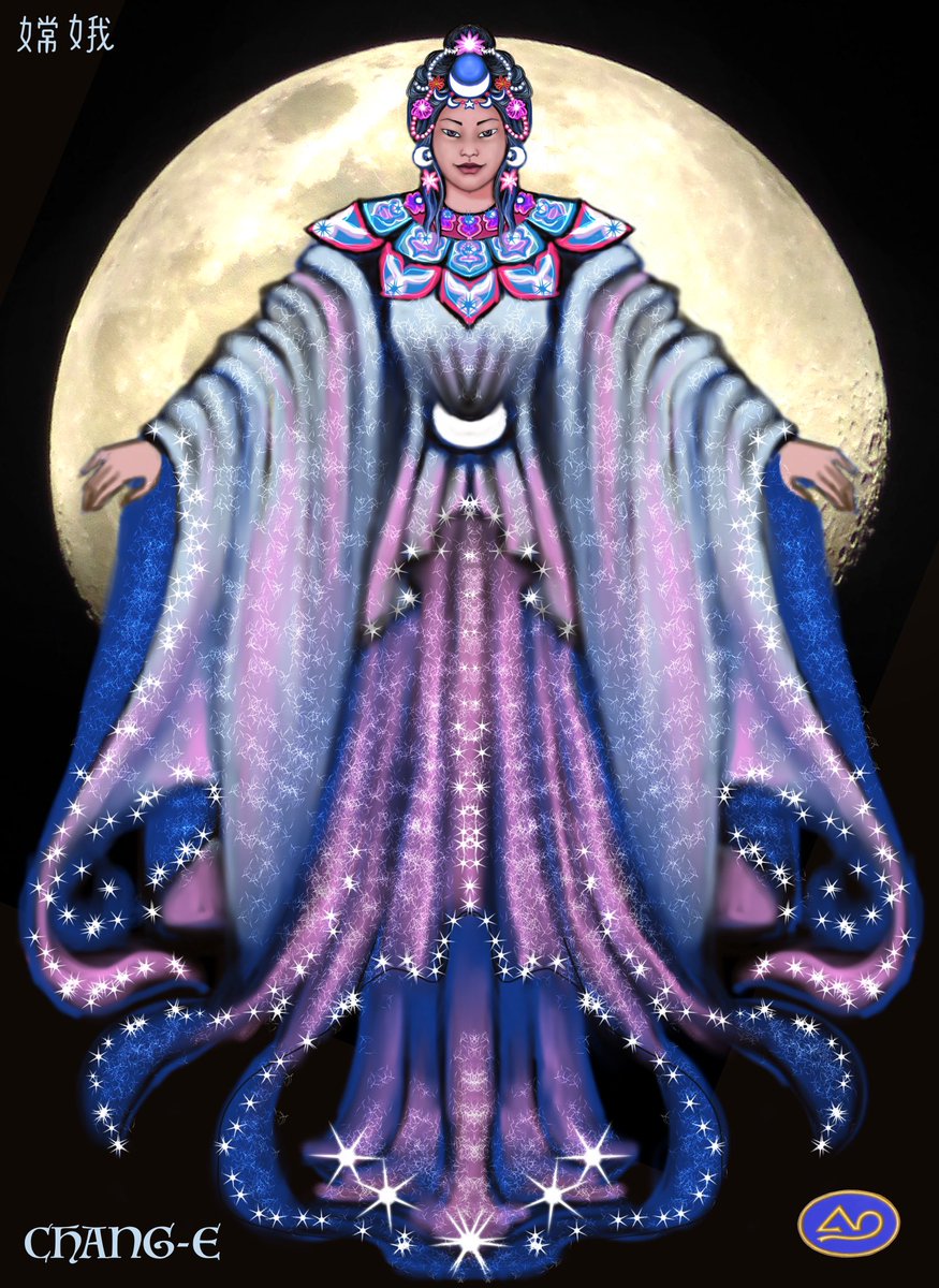 Elia42KA's tweet image. MITOLOGÍAS DEL MUNDO: #DiosesChinos 
CHANG’E era la esposa del Emperador y Arquero YI, que fue recompensado por la Dama WANG “diosa de la inmortalidad “con el elixir de la Juventud eterna, y CHANG’E lo bebió y se convirtió en Diosa de la Luna, donde habita.