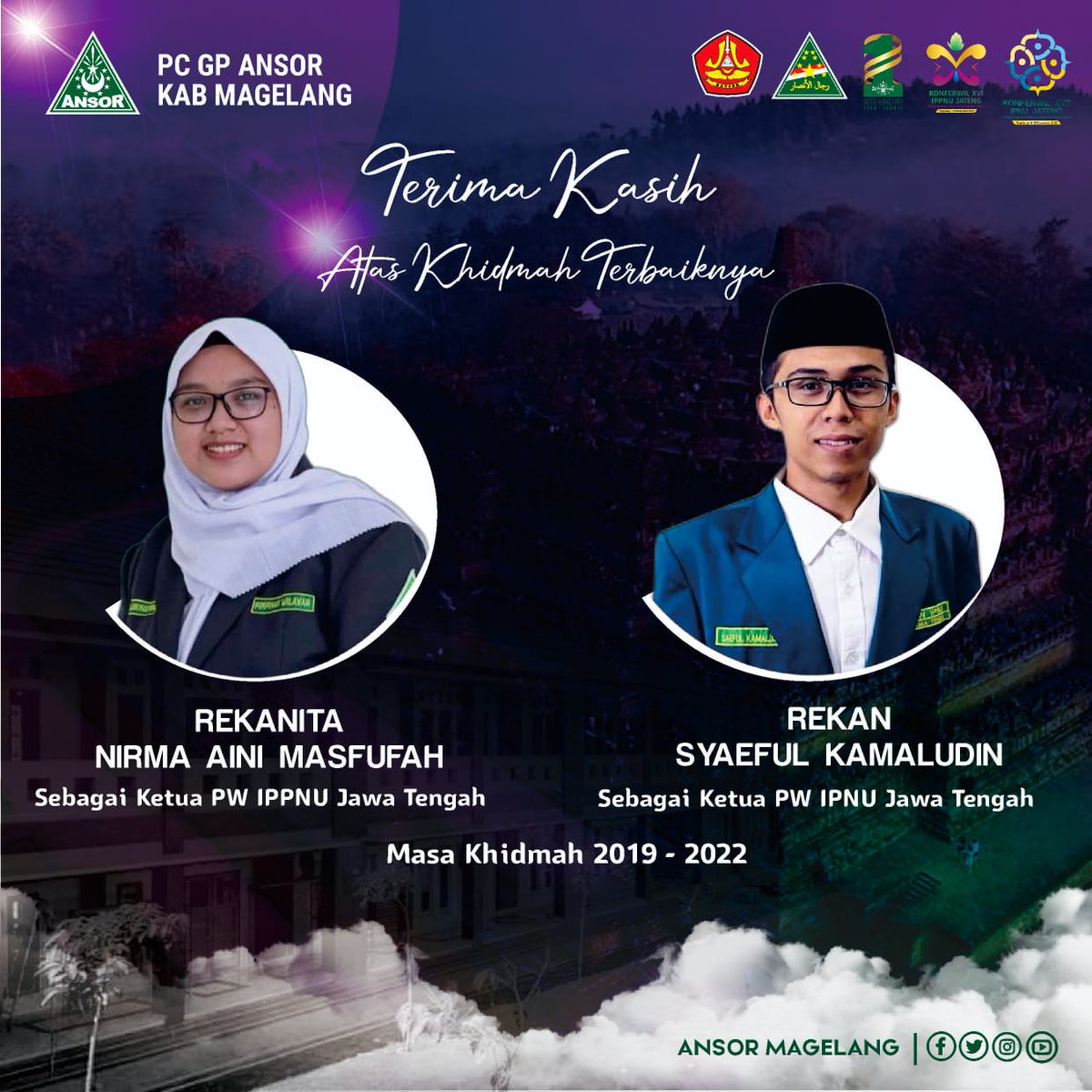 Selamat dan Sukses kepada,

Rekanita Dwi Sangita dan
Rekan M. Irfan Khamid sebagai Ketua PW IPPNU-IPNU Jateng
Masa Khidmah 2022-2025.

Serta Terima Kasih kepada,

Rekanita Nirma Aini Masfufah dan
Rekan Syaeful Kamaludin sebagai Ketua PW IPPNU-IPNU Jateng.
Masa Khidmah 2019-2022