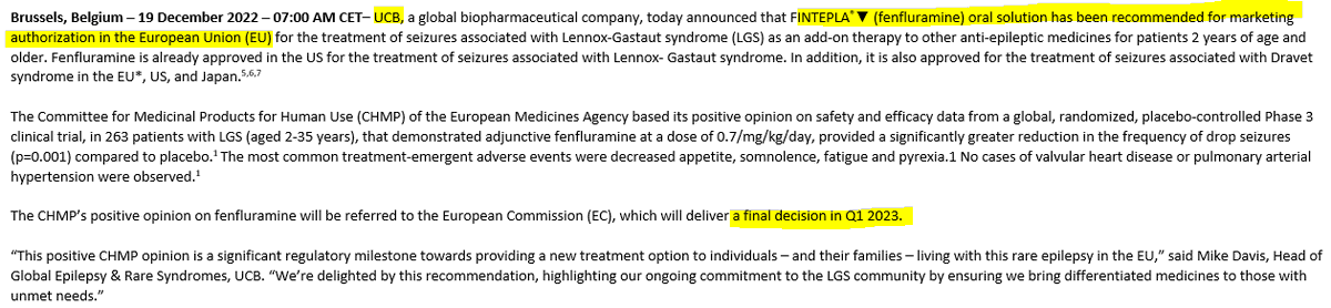 TSimonts's tweet photo. #UCB krijgt Europese (CHMP) goedkeurende knik voor de commercialisatie van #Fintepla voor de behandeling van  Lennox-Gastaut syndroom. Finaal groen licht is voor 1Q23. Geen verrassing, maar niettemin een opsteker https://t.co/1PNhREROfD