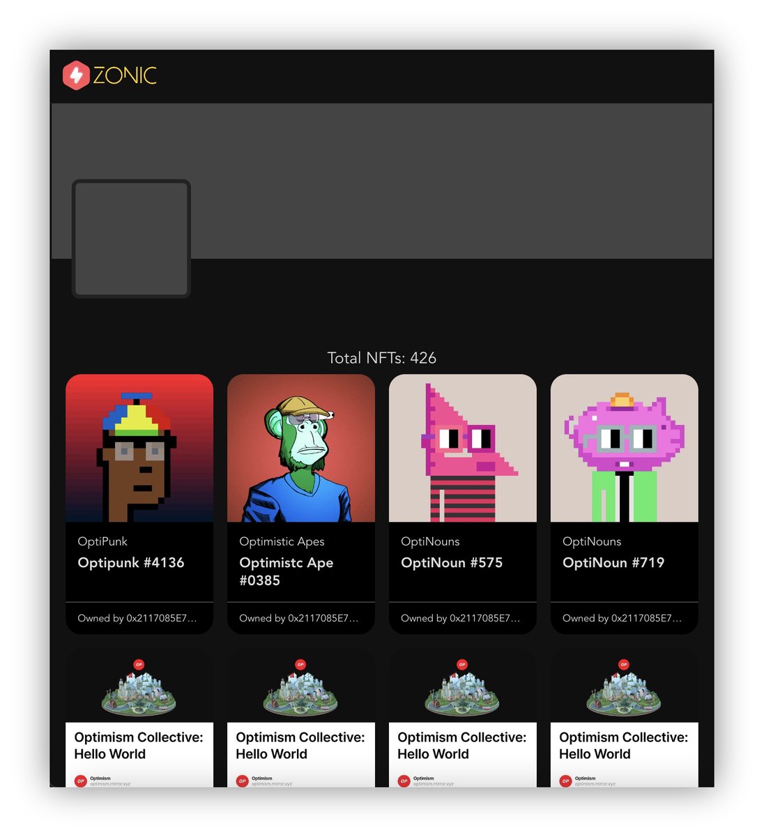 Our very first test page is up! You can now check for the NFTs being held on a specific wallet address from:

zonic.app/profile/<WALLET_ADDRESS>

Please kindly help to test the data correctness and feel free to report if there is some missing data!

#Optimism #NFT #Zonic