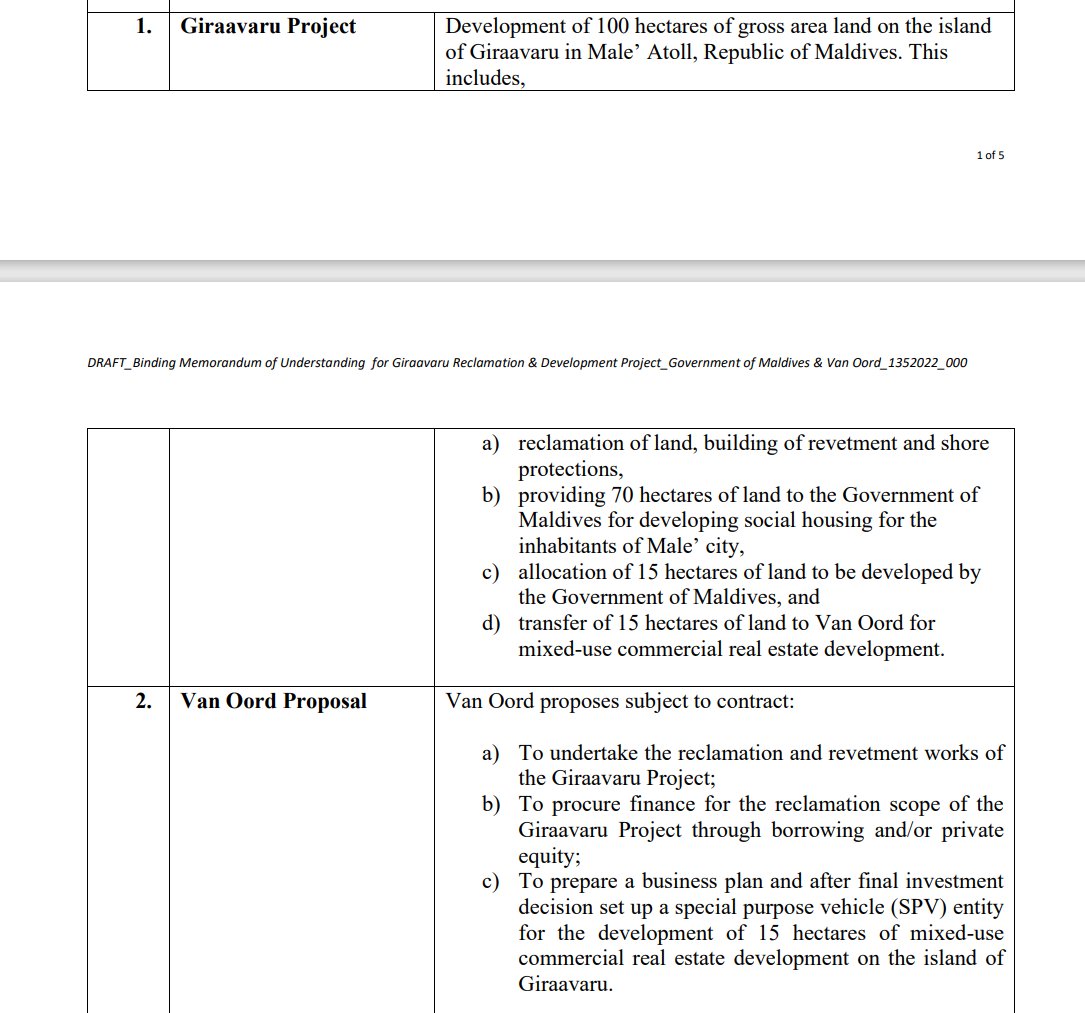 axanner's tweet photo. Here is a draft copy of the MOU signed between GOM & Van Oord. Govt intends to give 15 hectares of land to Van Oord under this project. Van Oord proposed to reclaim 100Ha for $69 mln. Hulhumale PhaseII 245Ha land was reclaimed for $50 mln. @faya_i how much is your cut? 1/2 https://t.co/1NSlz40KZl