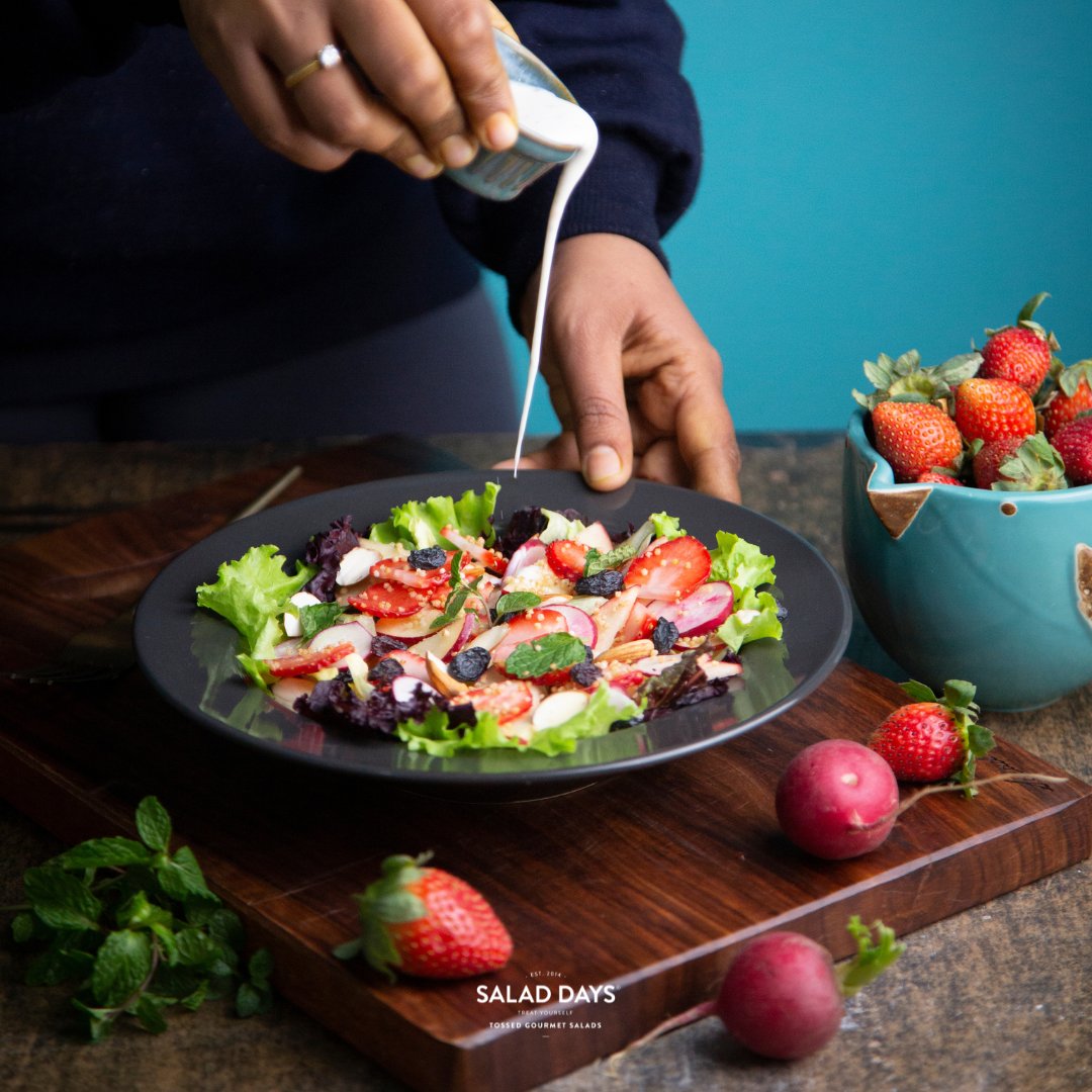 The strawberries made it to our salad bowl!🍓

Presenting our seasonal signature Strawberry Almond Salad.

Try it today!

Available on saladdays.co Zomato/ Swiggy

#saladdaysco #healthysalads #salads #strawberry #seasonalfruit #newlaunch #wintersalad #freshmenu