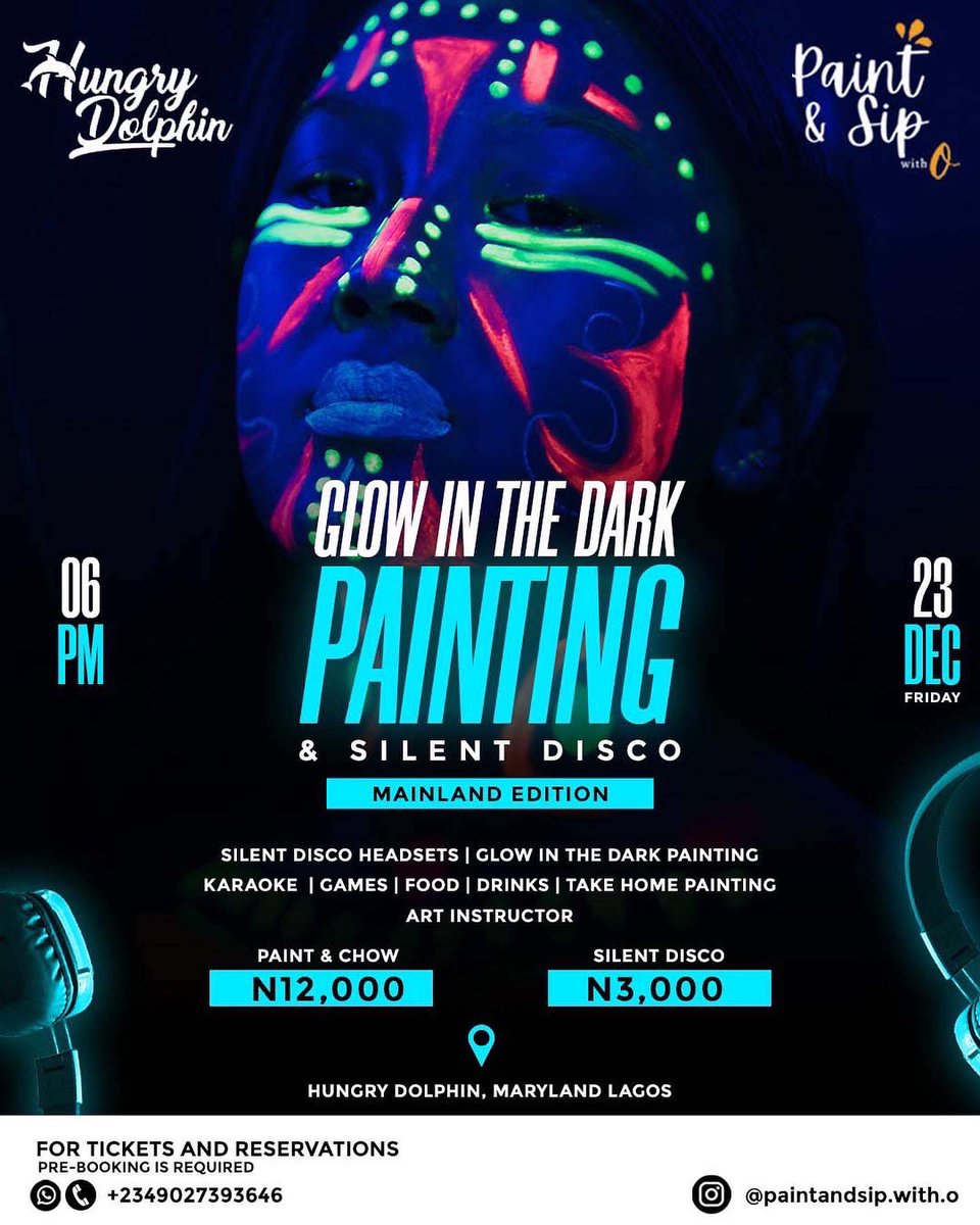 PaintnSip_withO's tweet photo. Mainland are you ready?!!
 Join us for our glow in the dark paint session &amp; silent disco🎧 happening once again on 23rd Dec, it also comes with food &amp; drinks. It promises to be an amazing experience ☺️. Send a dm to make enquiries/reservations, very limited slots available 💃🏽 https://t.co/SwBxu7872a