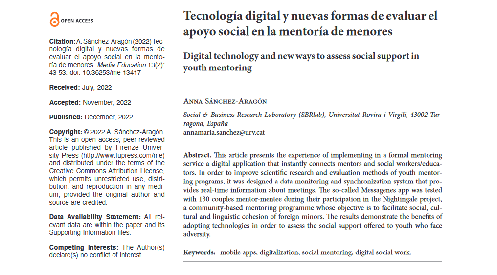 ¡Nuevo artículo en <a href="/FiUniPress/">FUP Comunicazione</a>!

✅ Este trabajo presenta nuevas formas de evaluar el apoyo social en la #mentoría de menores.

📲 Implementamos una #app que conecta mentores/as y trabajadores/as sociales en tiempo real.

🖇 Artículo: ja.cat/FiUniPress
🔓 Acceso abierto