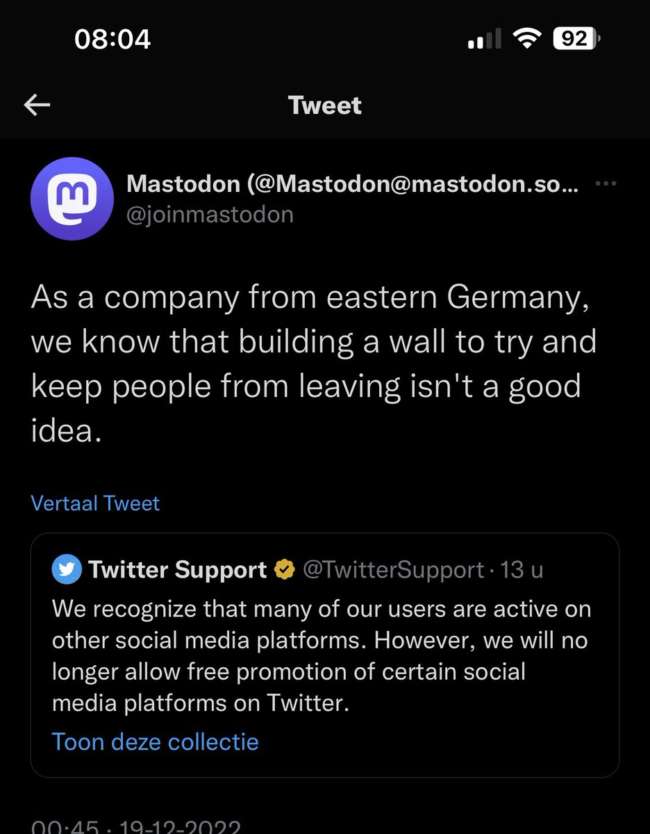 Huissy's tweet image. Is @TwitterSupport lost? The tweet where @joinmastodon referred to is deleted.. The “free speech social” is looking more and more of “Elon’s law social”.