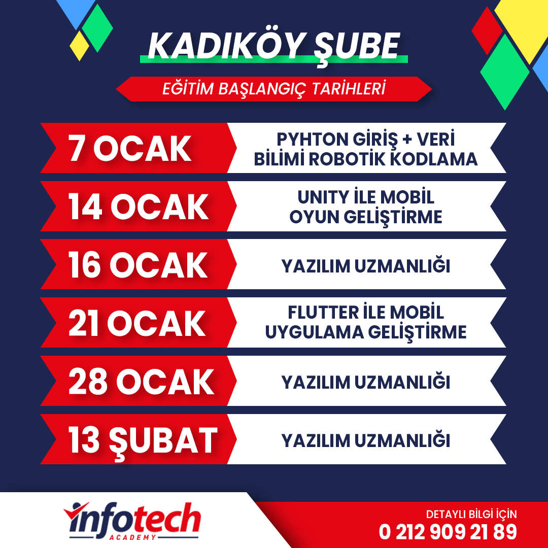 infotechakademi's tweet image. 🔔Yeni Başlayacak Eğitim Gruplarımızı Kaçırmayın!🔔
Sınırlı kontenjan için acele ediniz.📞Eğitimler Hakkında Detaylı Bilgi İçin Bizimle İletişime Geçebilirsiniz.
#yazılımkursu #pythonkursu #veribilimieğitimi #yapayzekaeğitimi #flutterkursu #aspnetcoremvc #mobilygulamageliştirme