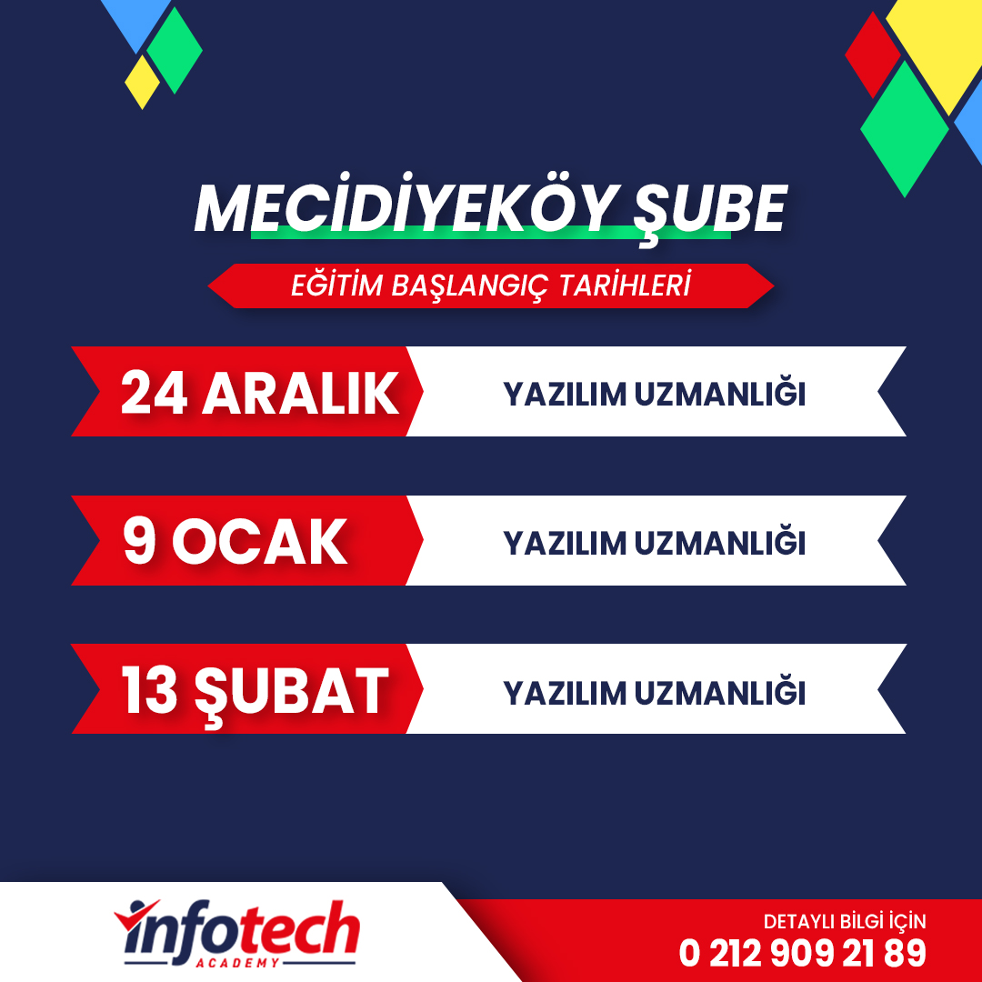 infotechakademi's tweet image. 🔔Yeni Başlayacak Eğitim Gruplarımızı Kaçırmayın!🔔
Sınırlı kontenjan için acele ediniz.📞Eğitimler Hakkında Detaylı Bilgi İçin Bizimle İletişime Geçebilirsiniz.
#yazılımkursu #pythonkursu #veribilimieğitimi #yapayzekaeğitimi #flutterkursu #aspnetcoremvc #mobilygulamageliştirme