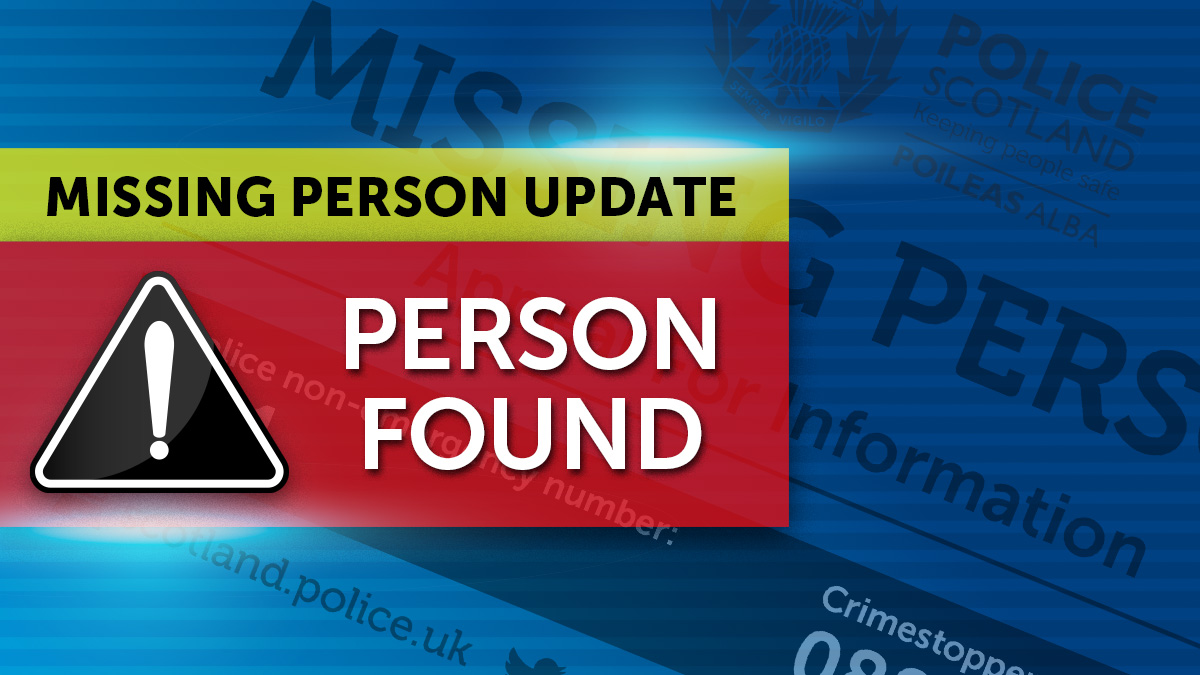 We can confirm that Henry McNeil, 80, who had been reported missing in the Dunoon area has been traced safe.

Thank you to everyone who helped with our earlier appeal for information.