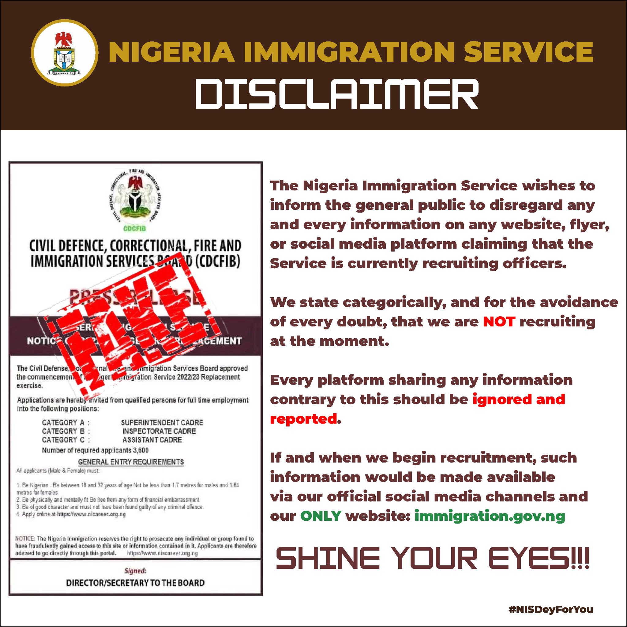 Nigeria Immigration Service on X: &ldquo;DISCLAIMER!!! This is to inform 