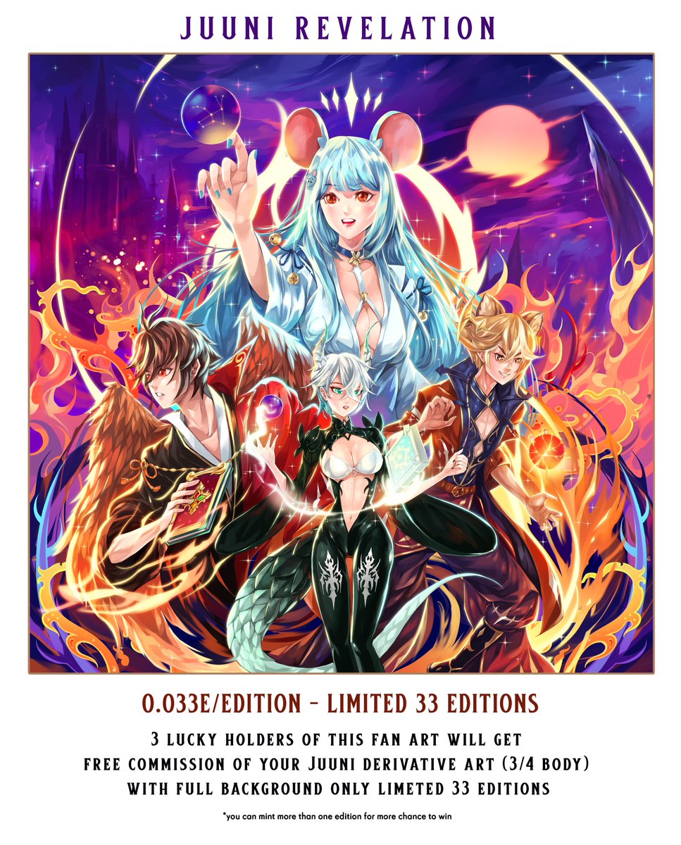 JUUNI REVELATION
app.manifold.xyz/c/Juuni-revela…
 I draw this for celebrate for 
JUUNI Grimoire revelation event 

*3 lucky holders of this fan art 
will get free commission of 
your <a href="/JUUNI_Official/">JUUNI</a>  derivative art (3/4 body)
 with full background

only limeted 33 editions
#juuni